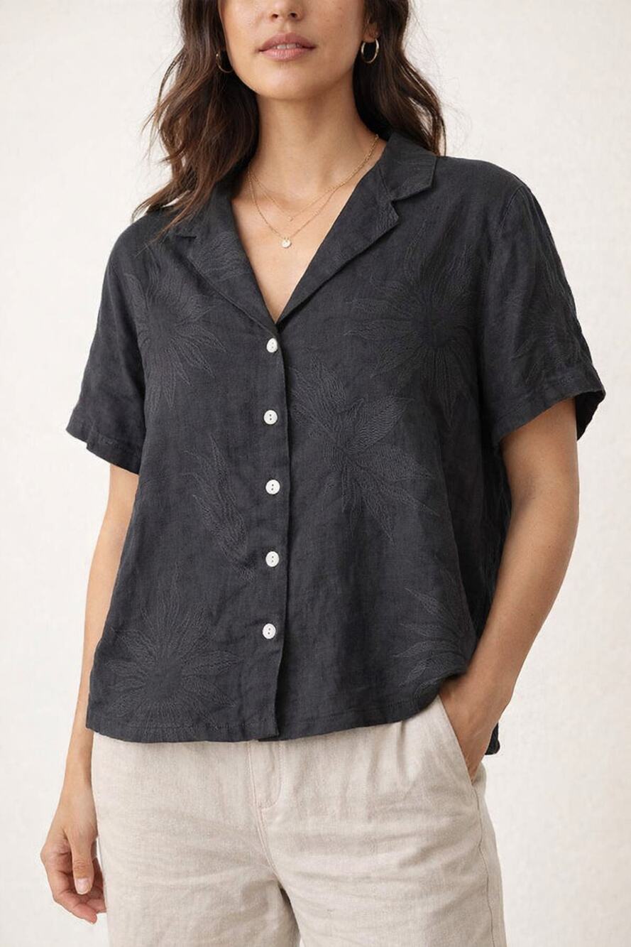 Joie 100% Linen Boxy Short Sleeve Button Down Shirt Black Small
